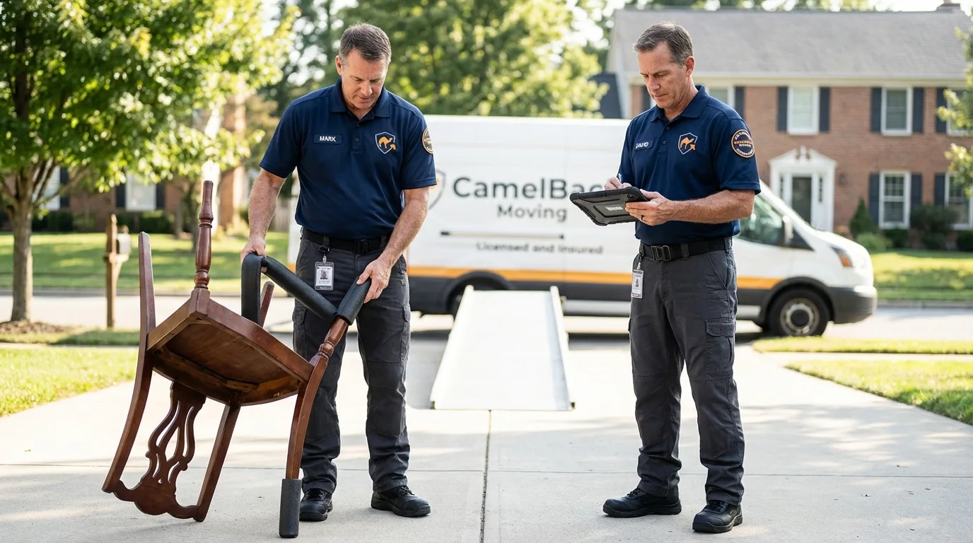 Movers inspecting furniture for damage prevention before loading in Media, PA