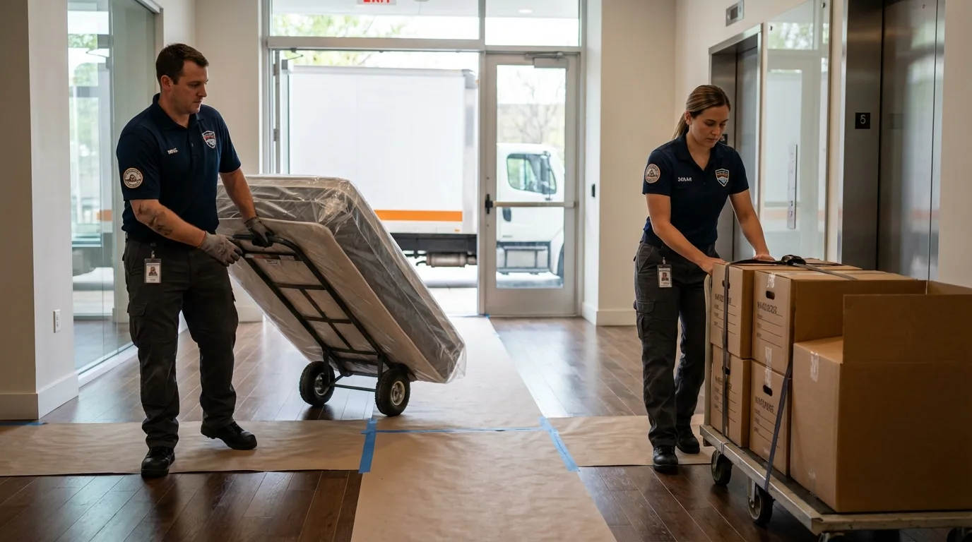 Professional apartment movers loading elevator in Media, PA