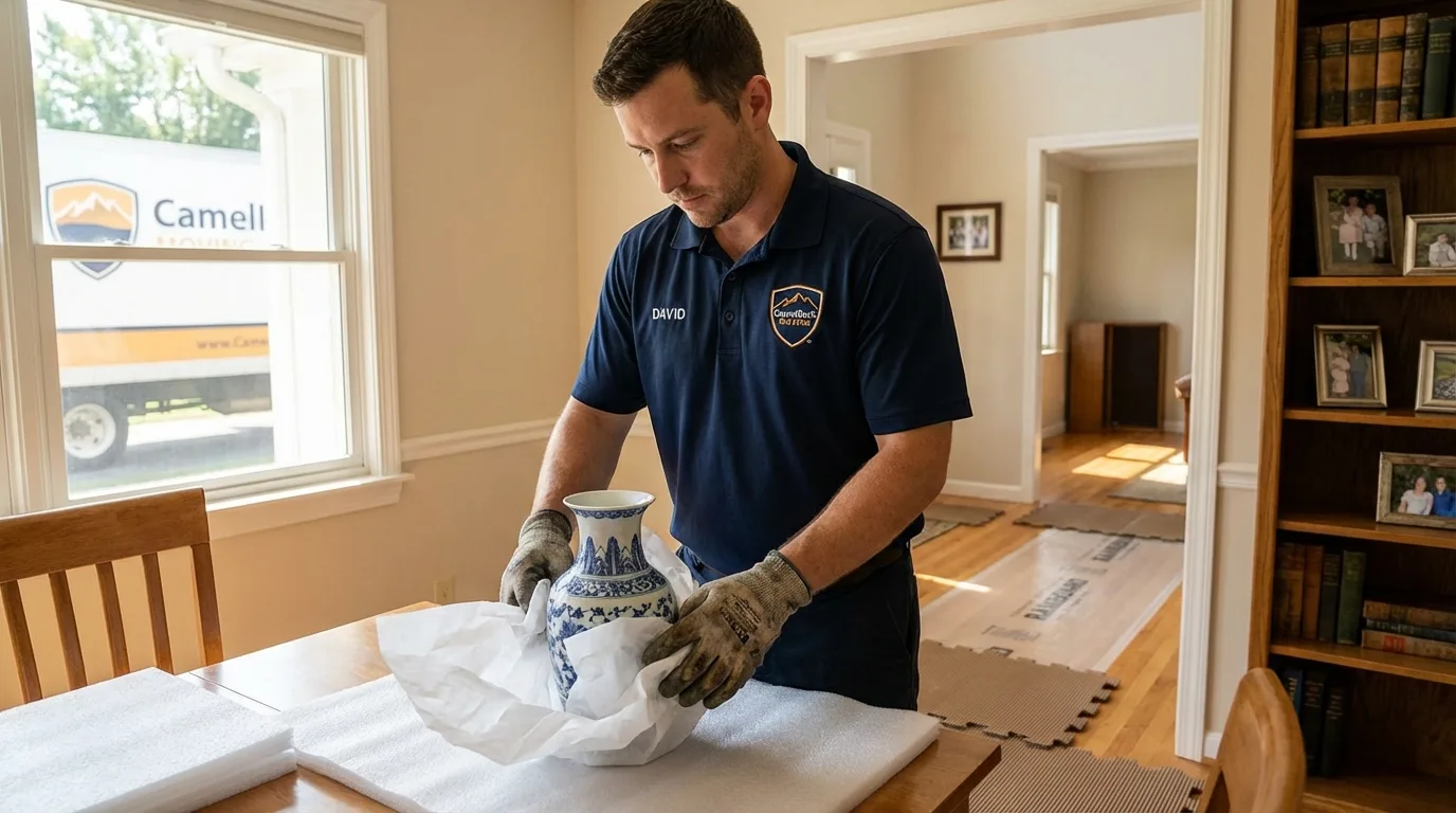 Professional crew carefully wrapping antique vase for senior downsizing move in Media, PA
